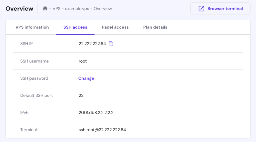 داشبورد VPS Overview hPanel جزئیات ورود را در زیر برگه دسترسی SSH ارائه می دهد