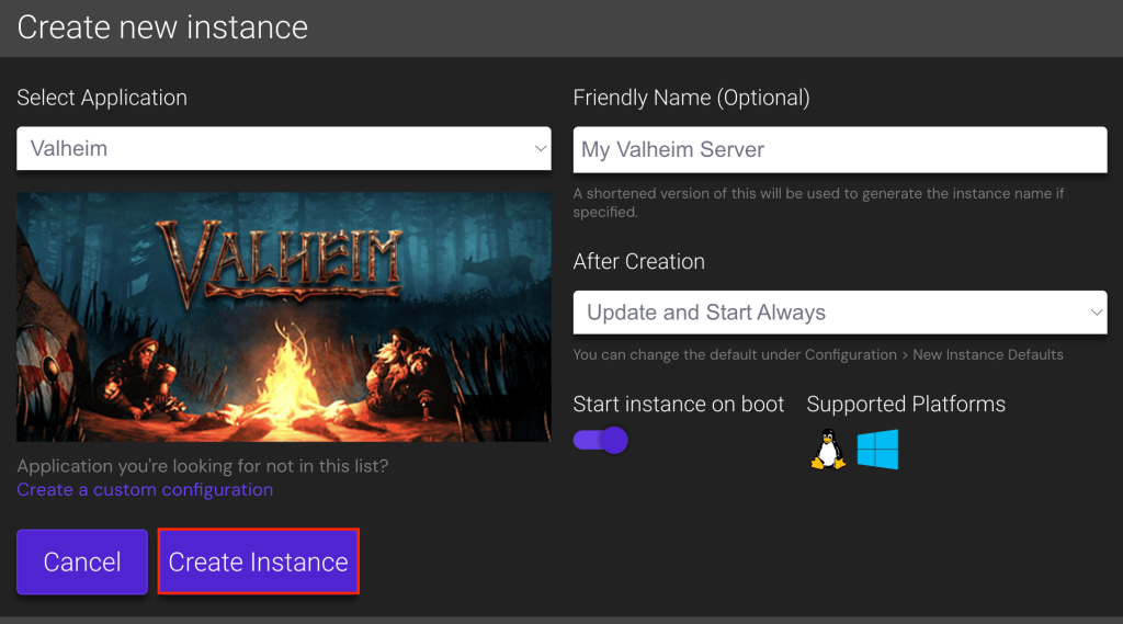 پنجره ایجاد نمونه جدید پنل بازی که در آن کاربران Valheim را به عنوان برنامه سرور تنظیم می کنند و به آن یک نام دوستانه می دهند.
