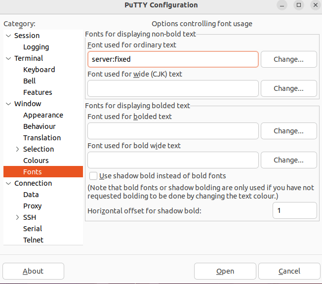 بخش فونت پنجره Putty با سرور: به عنوان فونت ثابت شده است