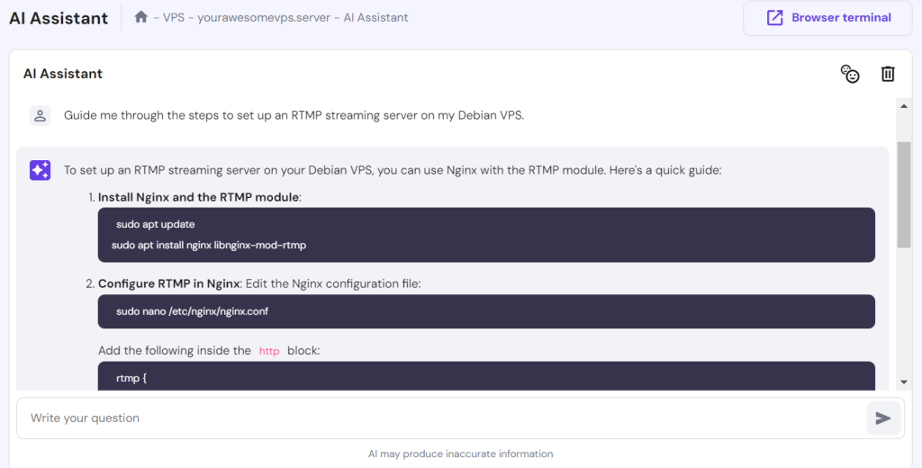 Hostinger  VPS AI Assistant راهنمای راه اندازی یک سرور استریم را ارائه می دهد