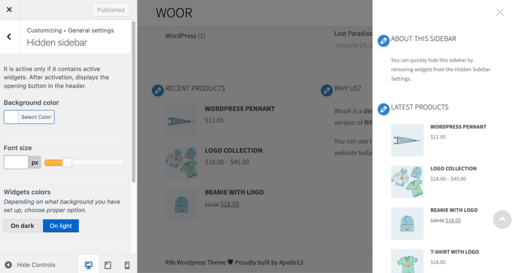 سفارشی کردن نوار کناری مخفی Rife Free به عنوان بخشی از عملکرد افزونه WooCommerce