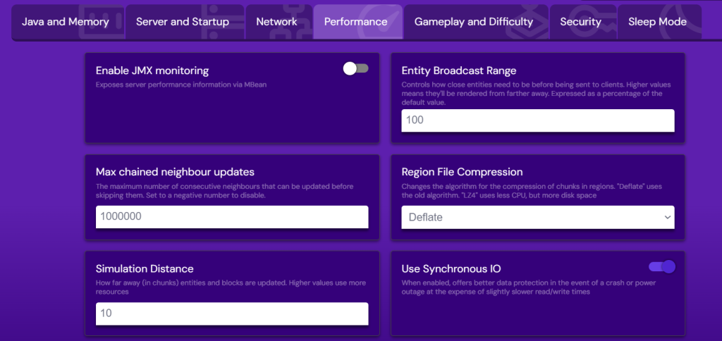 منوی تنظیمات سرور Minecraft در Hostinger پنل بازی