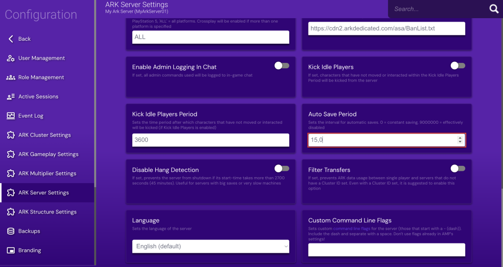 گزینه Auto Save Period on تنظیمات سرور ARK پنل بازی