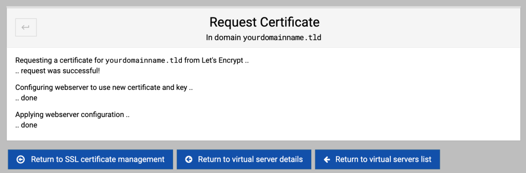 Webmin نصب موفق Let's Encrypt SSL را تأیید می کند