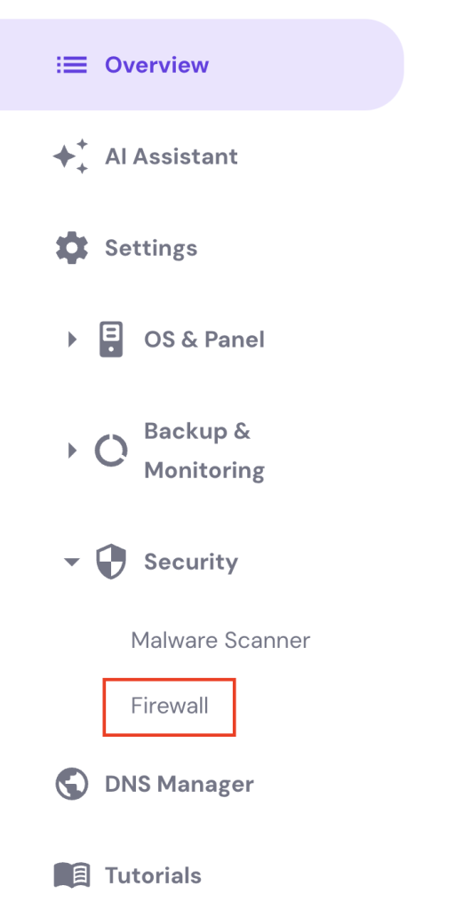 منوی فایروال on داشبورد VPS hPanel