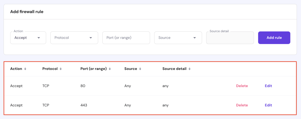 قوانین فایروال سفارشی on فایروال VPS hPanel