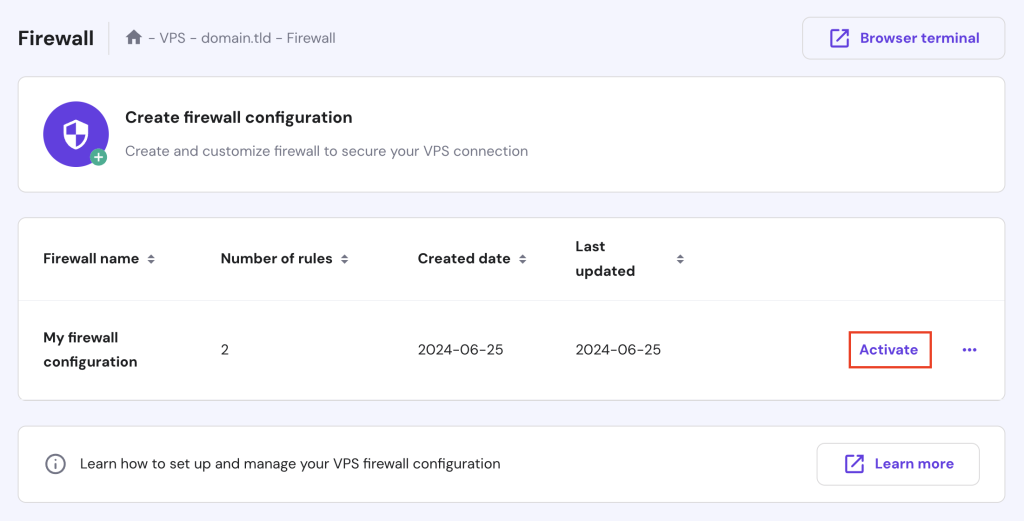 دکمه فعال سازی on فایروال VPS hPanel