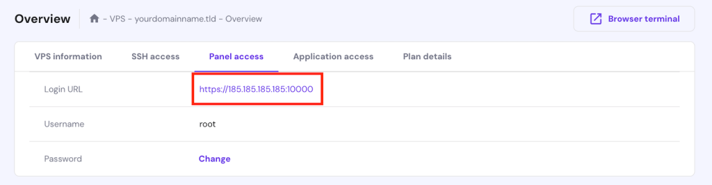 URL ورود به وبمین در تب Panel Access hPanel