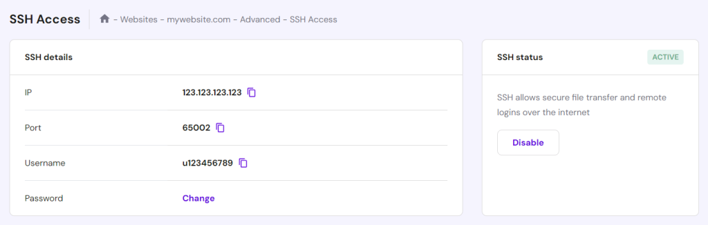 جزئیات SSH در HostingerhPanel