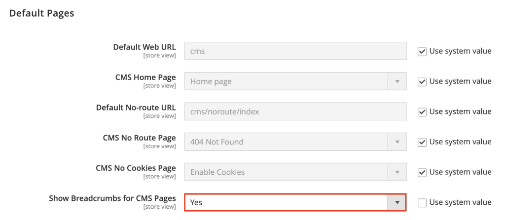 گزینه Show Breadcrumbs for CMS Pages در Magento
