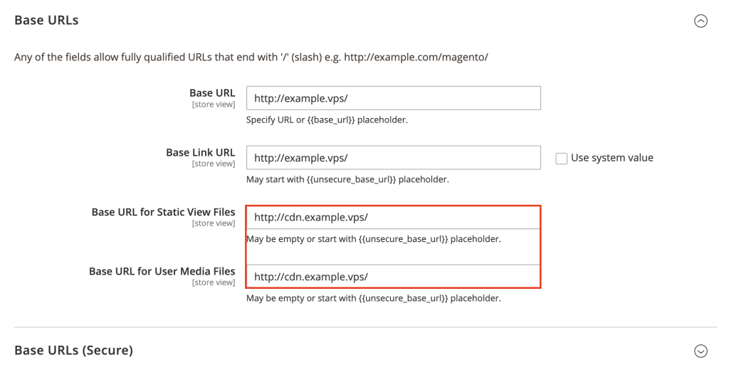 گزینه های Base URL برای Static View Files و Base URL برای User Media Files در Magento