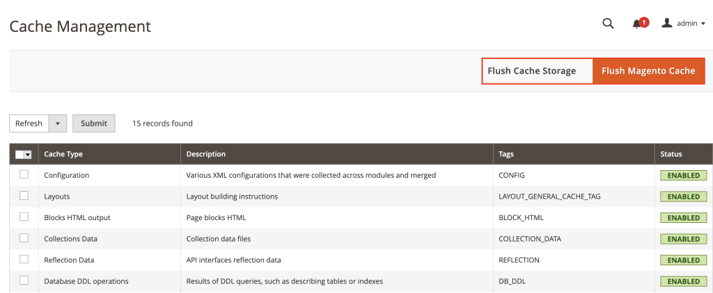 دکمه های Flush Cache Storage و Flush Magento Cache در Magento