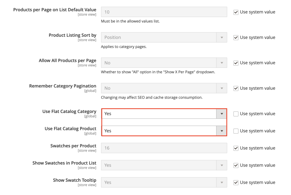 گزینه های Use Flat Catalog Category و Use Flat Catalog Product در Magento