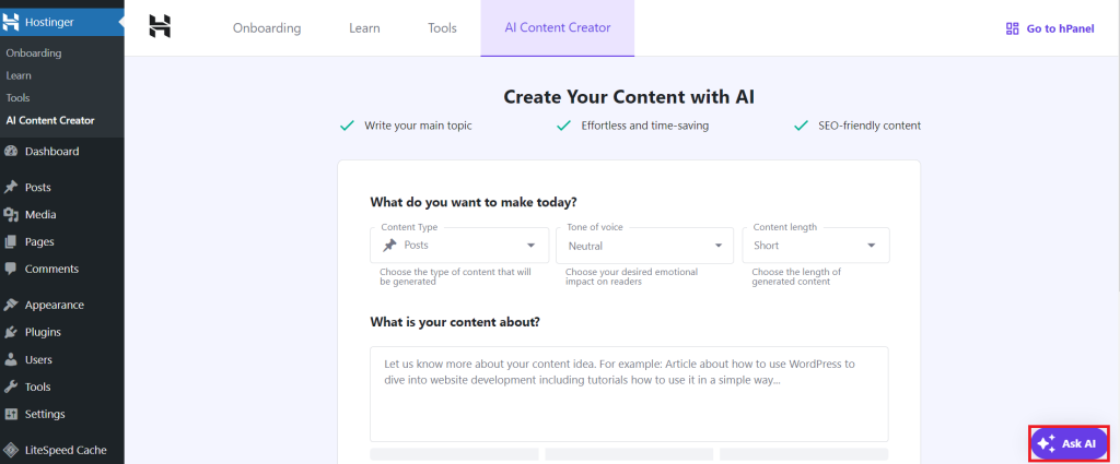 دکمه چت ربات Ask AI در داشبورد وردپرس برجسته شده است