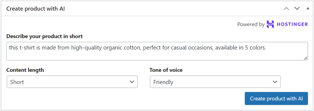 را Hostinger ابزار AI Content Creator در محصول WooCommerce page رابط ویرایشگر