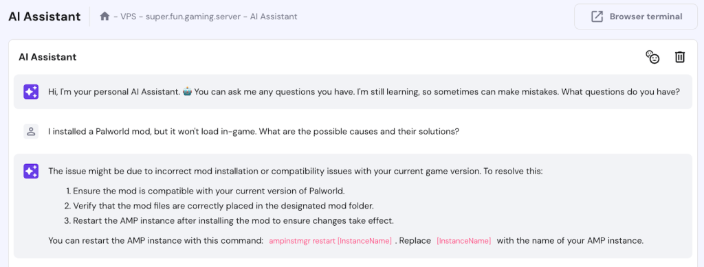 Hostinger  VPS AI Assistant یک راهنمای عیب یابی برای نصب مود Palworld ایجاد می کند