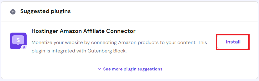 را Hostinger دکمه نصب افزونه Amazon Affiliate Connector برجسته شده است on hPanel