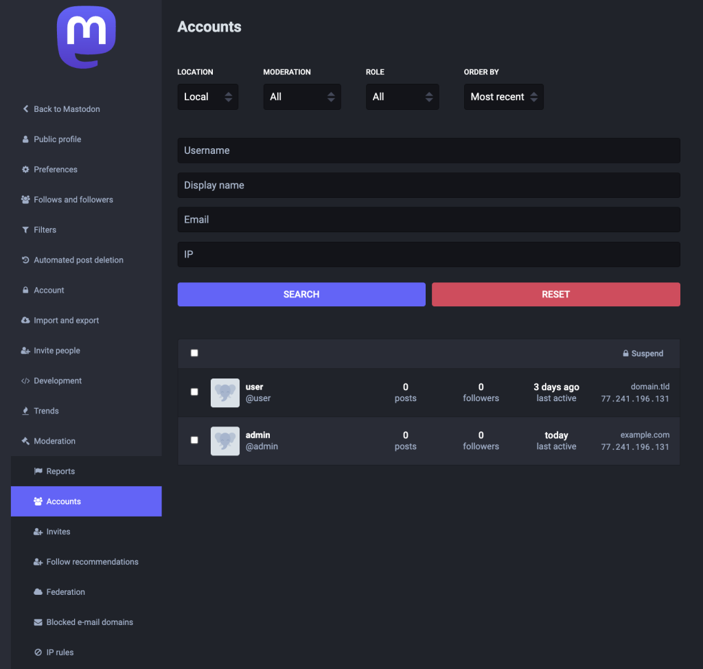 گزینه های Moderation Mastodon