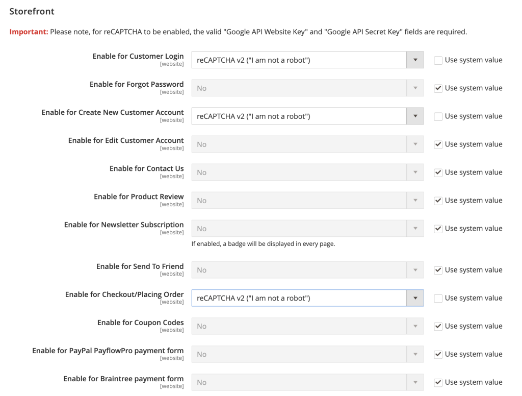 گزینه های فروشگاه Google reCAPTCHA Magento