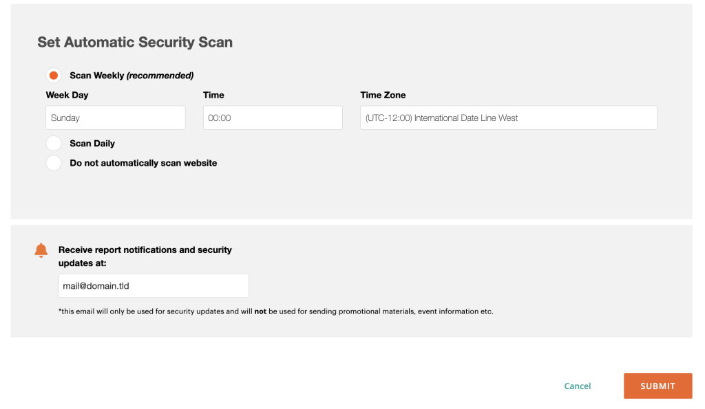 گزینه های Set Automatic Security Scan در Magento Security Scan