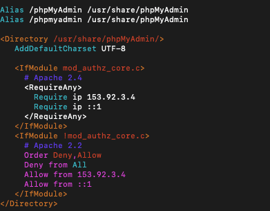 فایل پیکربندی phpMyAdmin با استفاده از ویرایشگر vim باز شد