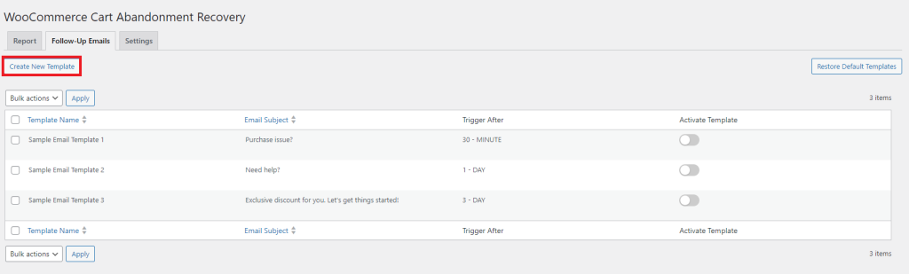 دکمه Create New Templates برجسته شده است on داشبورد افزونه بازیابی سبد خرید ووکامرس.