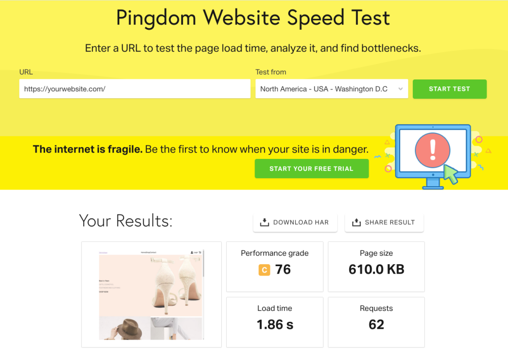 نتایج تست سرعت وب سایت با استفاده از Pingdom