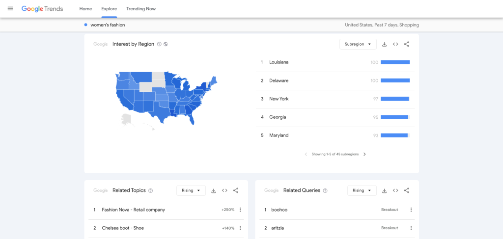 رابط Google Trends، نشان‌دهنده علاقه بر اساس منطقه، موضوعات مرتبط و بخش‌های پرسش‌های مرتبط