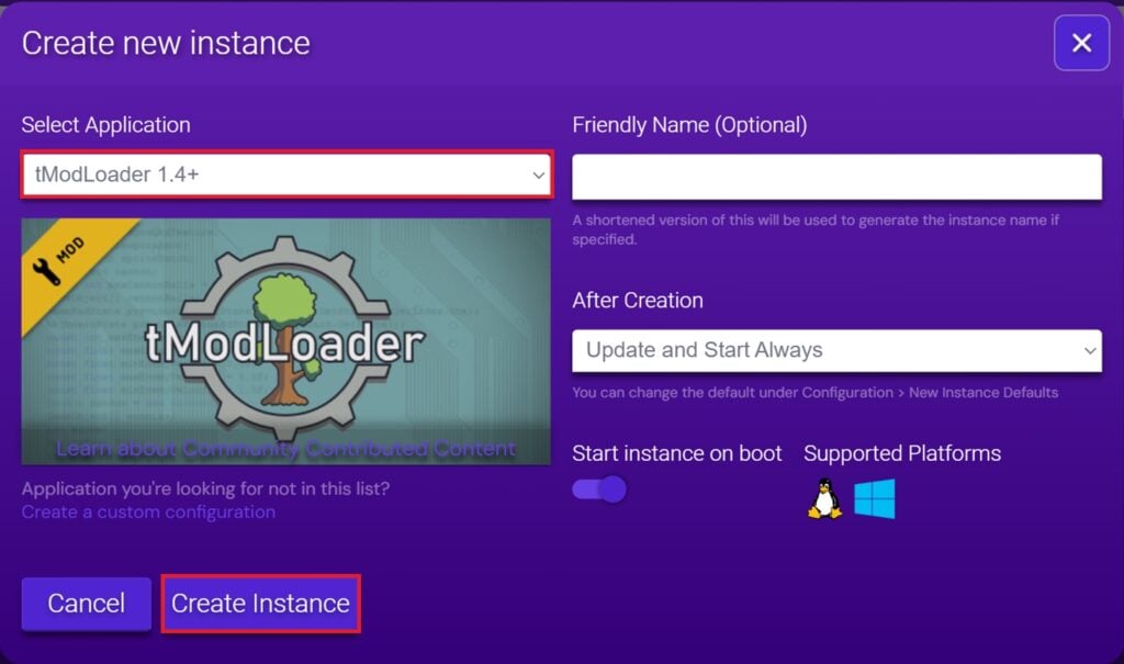 نمونه های پنل بازی با Create Instance برجسته شده است