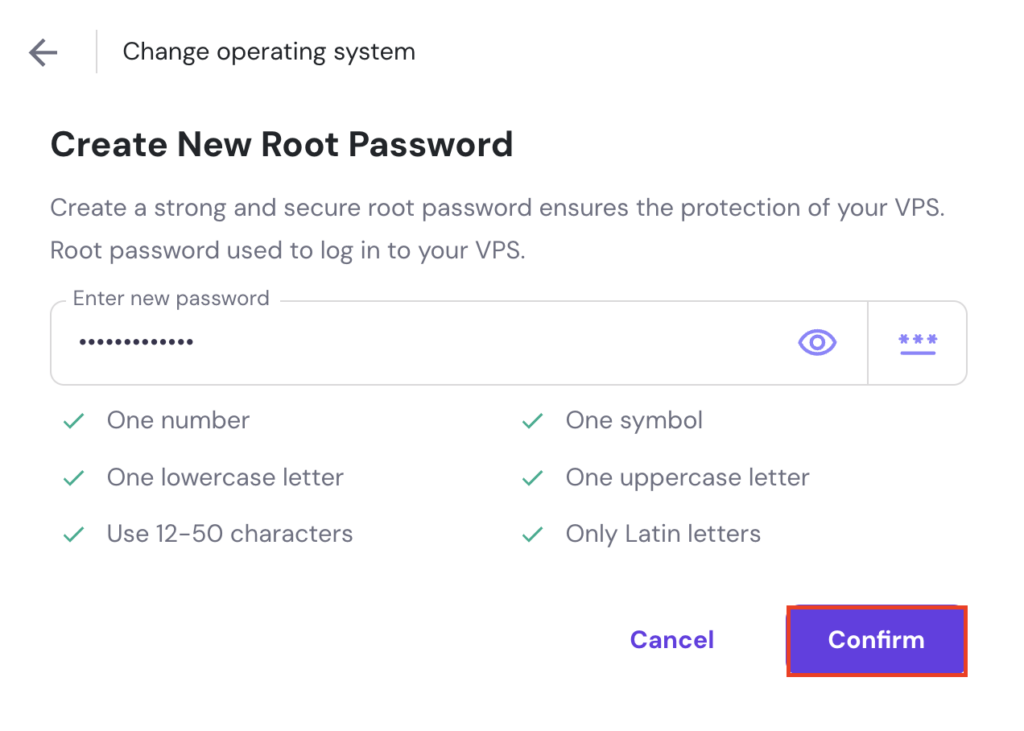 دکمه Confirm در پنجره Change system عامل VPS hPanel