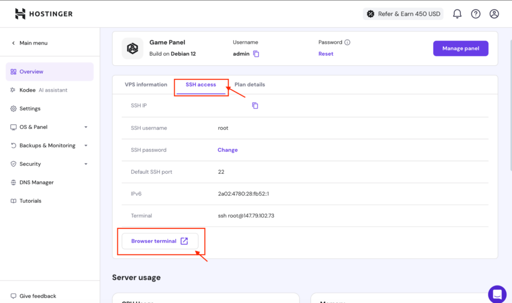 این Hostinger hPanel، برگه دسترسی SSH انتخاب شده و مرورگر را نشان می دهد terminal دکمه برجسته شده است