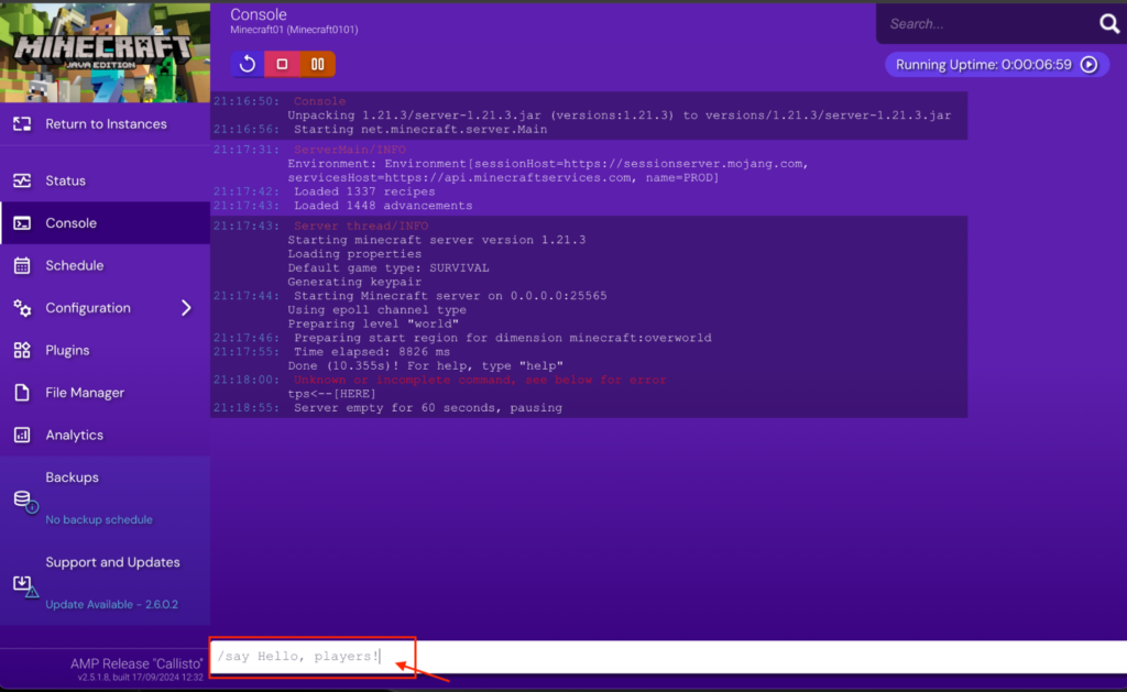 این Hostinger پنل بازی، دستور /say Hello, players را نشان می دهد! در کادر متنی در پایین تایپ کنید console