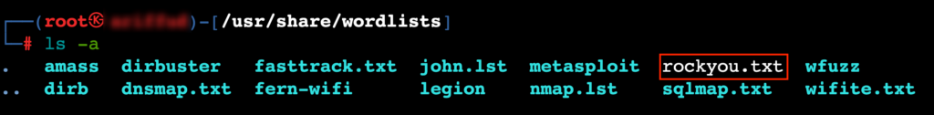 فایل rockyou.txt در دایرکتوری wordlists