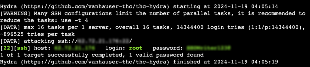 خروجی یک تلاش Hydra brute-forcing