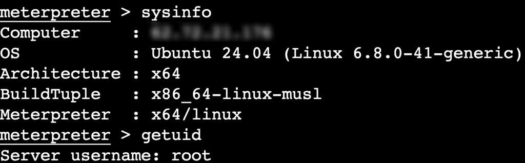 خروجی دستورات sysinfo و getuid در Meterpreter