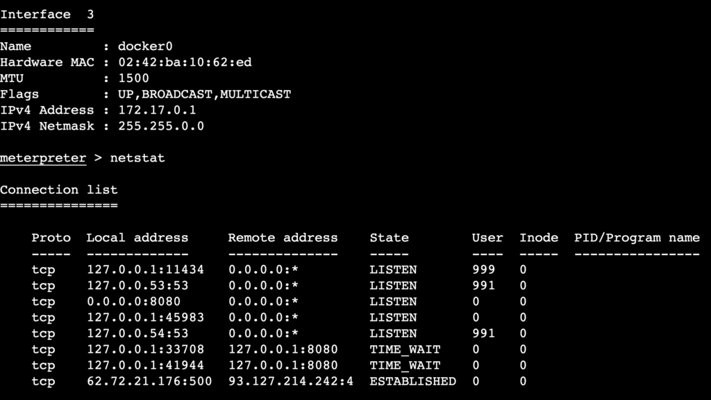 خروجی دستورات ifconfig و netstat در Meterpreter