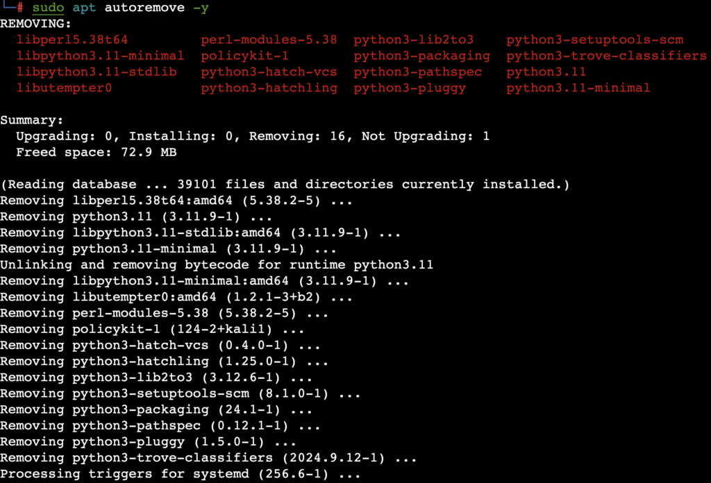 را sudo خروجی دستور apt autoremove -y در terminal