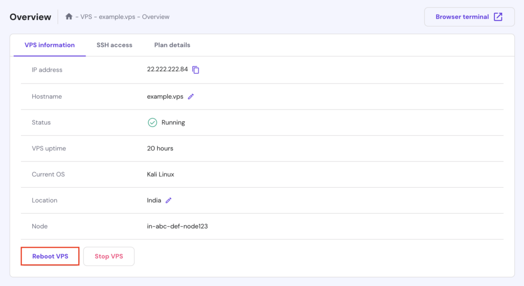 دکمه Reboot VPS در VPS hPanel