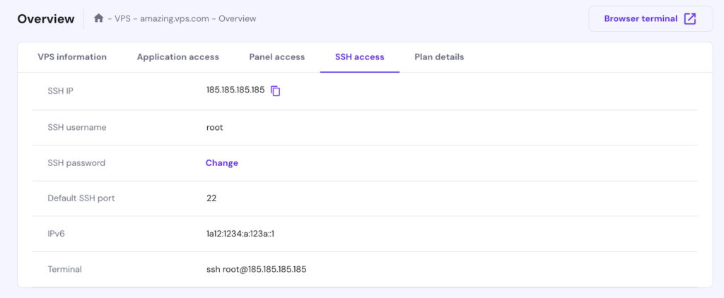 برگه دسترسی SSH on منوی نمای کلی VPS hPanel