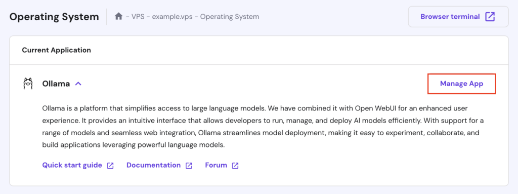دکمه Manage App در VPS hPanel پس از نصب قالب Olama
